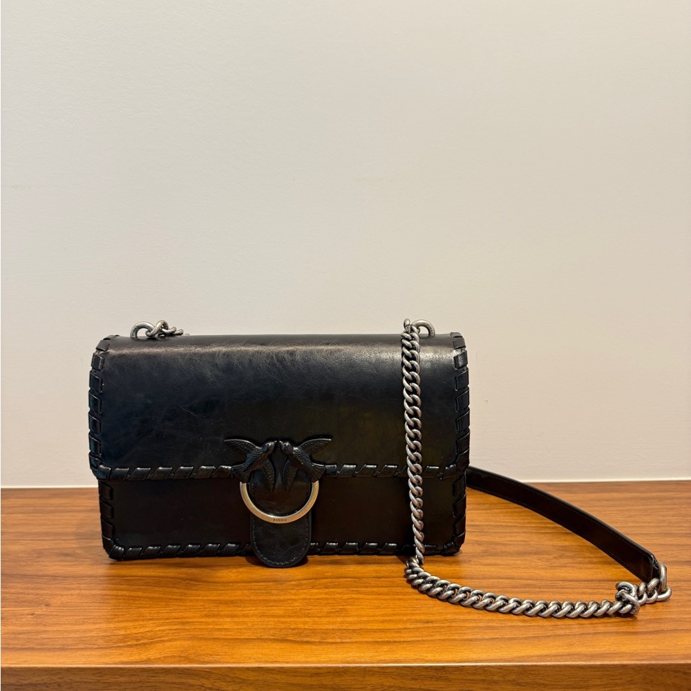 Pinko Black Leather Crossbody Bag with Silver Chain